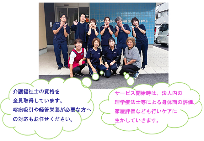 介護福祉士の資格を全員取得しています。理学療法士等による身体面、家屋評価なども行いケアに生かしていきます。